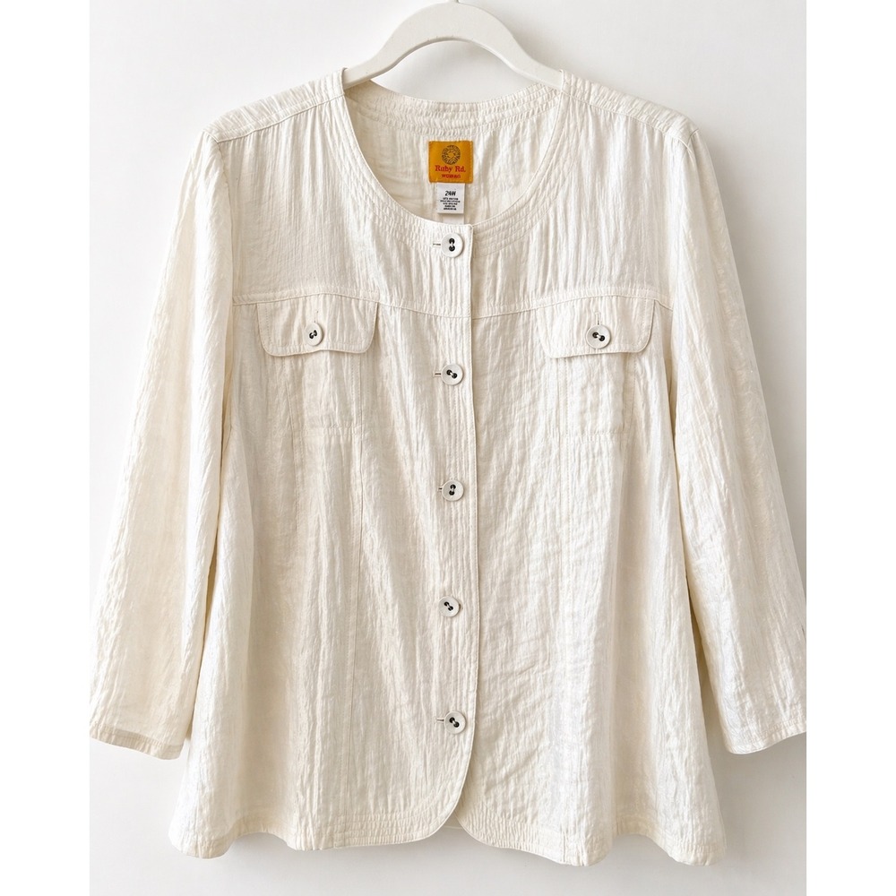 Ruby Rd Woman Ivory Textured Jacket 24W Lightweight Casual Blazer Coastal Chic